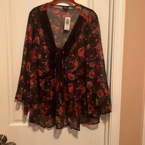 Torrid Black Top with Red and Pink Flowers
